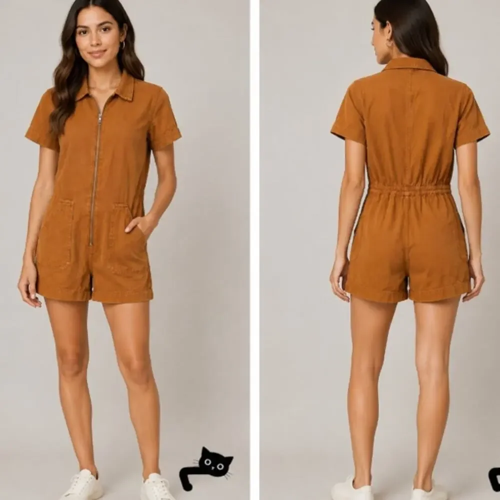 Everlane The Denim Short Coverall Organic Cotton Brown Rust Romper 6